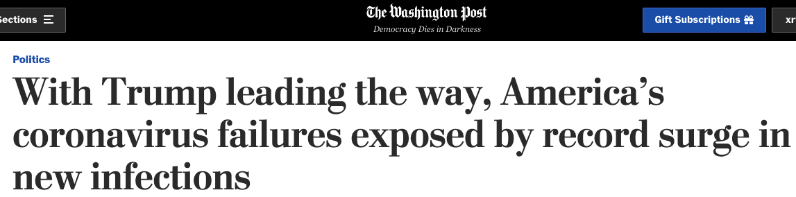 美國(guó)疫情反彈確診創(chuàng)新高，華盛頓郵報(bào)評(píng)抗疫是‘歷史性失敗’